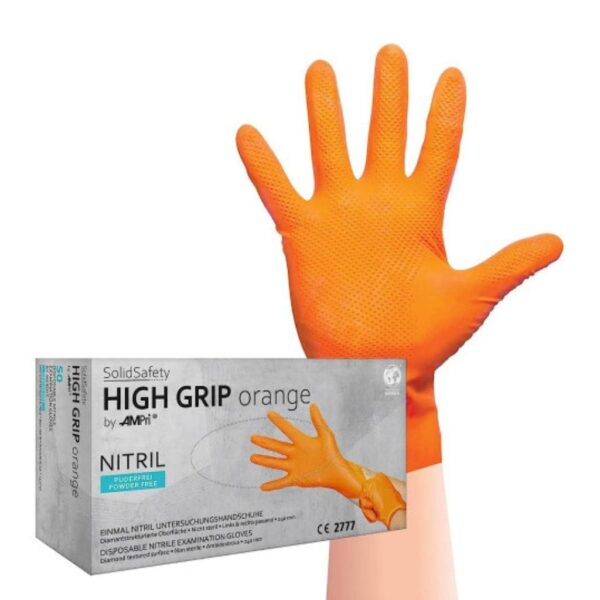 Vienkartinės itin tvirtos nitrilo pirštinės be pudros SolidSafety High Grip, oranžinės, S dydis, 50vnt.